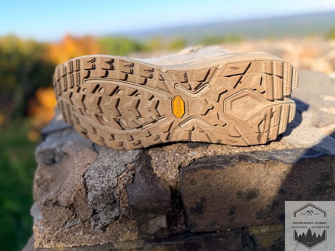 Updated view on outsole of Hoka Kaha 3 after 180 miles. There is minimal abrasion on the lugs. The outsole is in excellent shape.