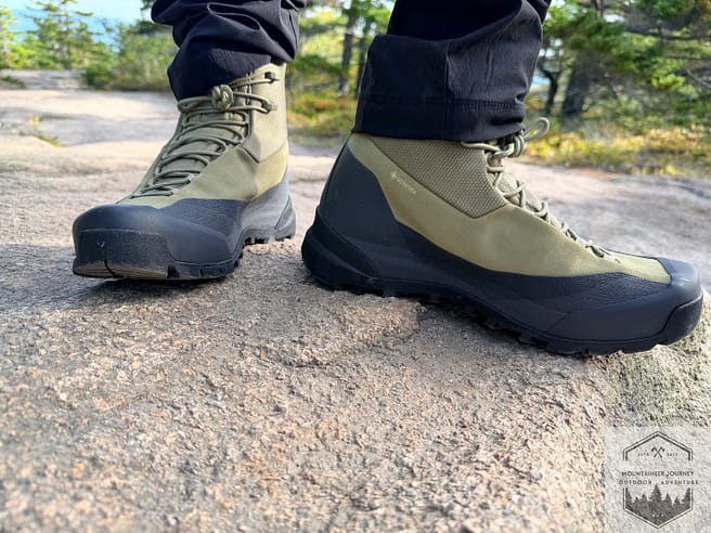 View of rubber rand going across entire konseal trek hiking boot and upper view