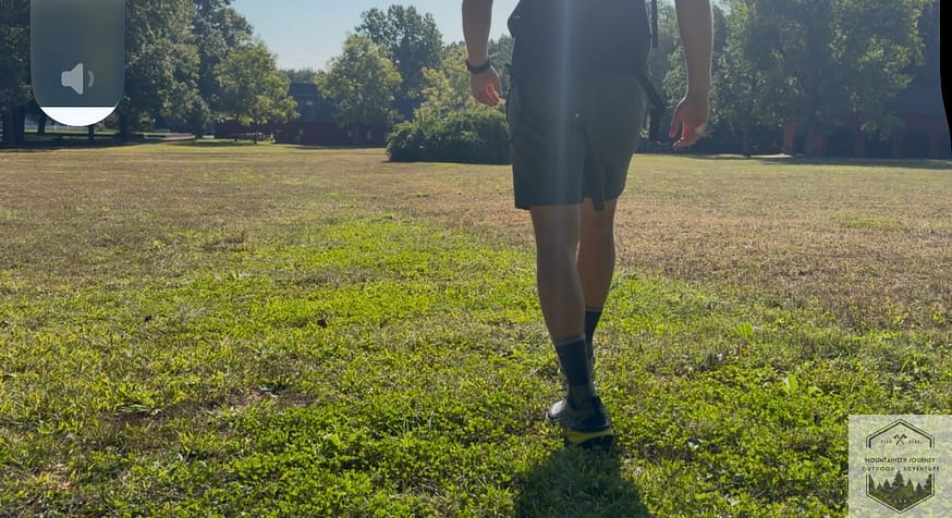 Transitioning from trail to grass, noting the differences on the Stinson 8 for terrain comparision