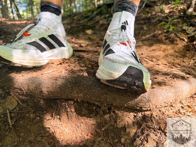 Front toe box view of the Adidas Terrex Freehiker 3 Ultra while standing on a route during testing.