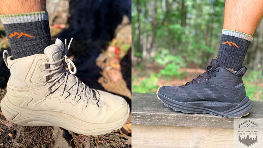 Hoka Kaha 3 (left) facing the Adidas Terrex Free Hiker 3 mid(right)