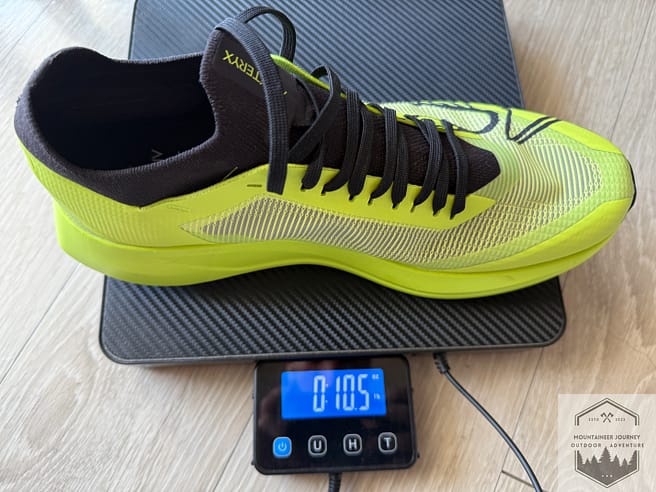 Arc'teryx Sylan 2 weighing 10.5 ounces per shoe on our calibrated scale