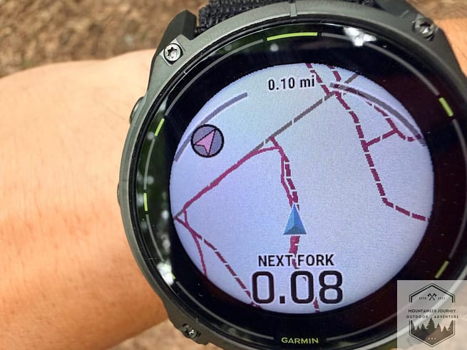 Garmin Enduro 3 map during hike showing next fork level, current distance, as well as compass.