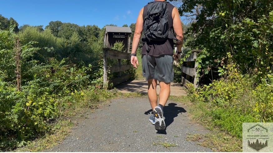 Walking on gravel during testing of Topo Ultraventure 5