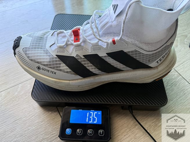 Free Hiker 3 Ultra weighing 13.5 ounces per shoe on our calibrated scale