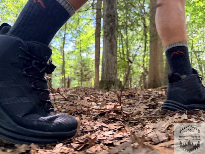 Testing Adidas Terrex Free Hiker 3 on leaf-covered trail