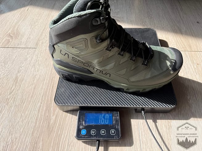 La Sportiva Raptor 3 weighing in at 16 oz per boot on our calibrated scale