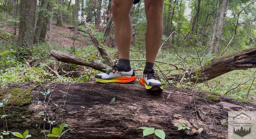 Standing on branch during testing of Olympus 7, noting the compression of the midsole