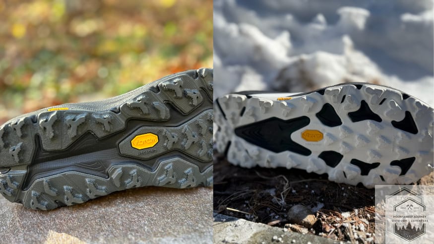 Hoka Speedgoat 7 lugs with more chevron shaped lugs compared to 6 having less robust lugs near the heel