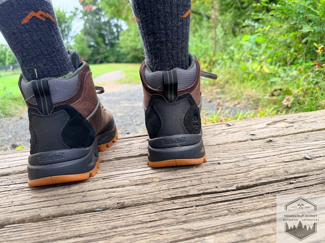 Heel view of boots while standing on a bridge during testing