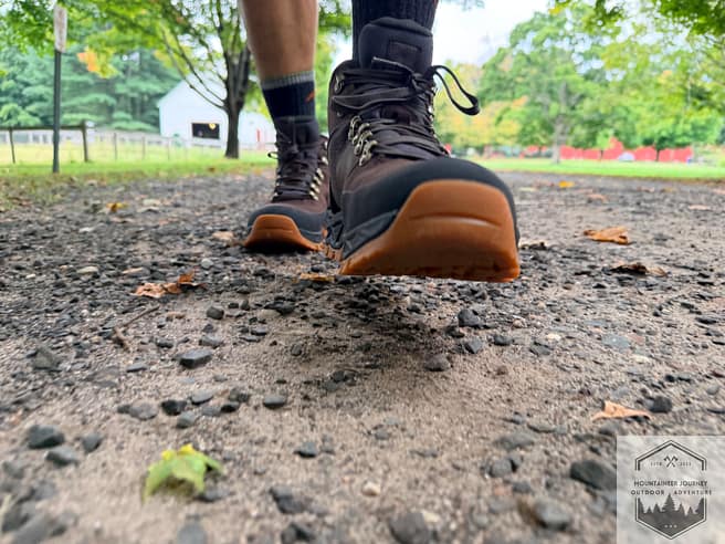 In-action shot of walking on gravel with timberland Mt. Maddsen