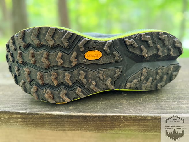 Vibram Megagrip outsole covered with dirt after our testing