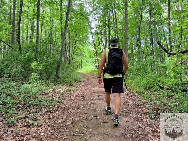 Walking on trail with the Cascadia 20 and a 20 pound backpack for impact absorption testing
