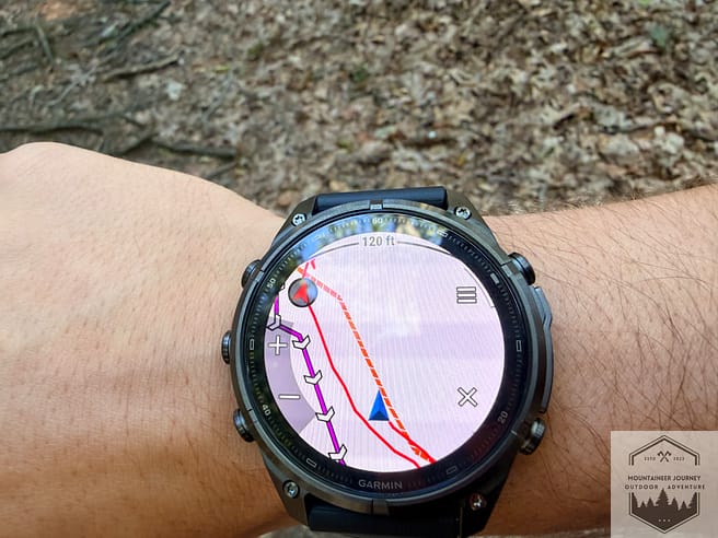 Fenix 9 Pro topographic map view during a hike with a pre-routed trail.