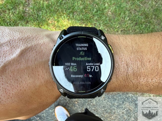 Enduro 3 training status showing a productive screen with my VO2 max estimates, acute load, and recovery time after a run.