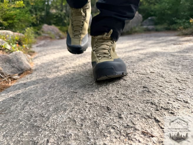 Konseal Trek hiking boots toebox view coming uphil