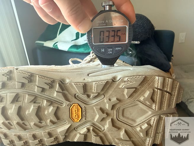Durometer measurement on the Hoka Kaha 3 midsole coming out to 33.5 HA