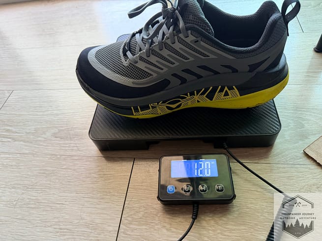 Hoka Stinson 8 weighing 12 oz per shoe on our calibrated scale