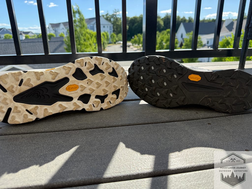 Both outsoles. The Speedgoat 7 has vibram megagrip lugs with rubber microspikes. The Peregrine 16 has skinnier Vibram lugs