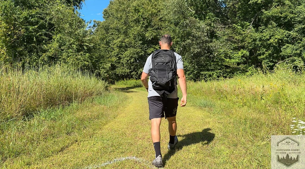 Wearing darn tough light hiker during backpacking trip.