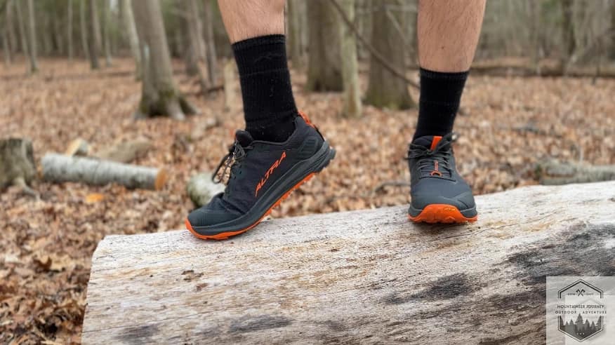 Demonstrating the flexibility of the Altra Lone Peak 9+ upper and Altra EGO midsole for natural foot movement on technical trails.