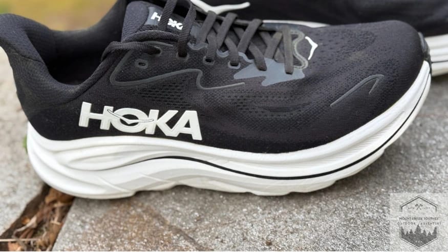 Close-up of Hoka Clifton 10 outsole curvature highlighting the Meta-Rocker for smooth walking transitions.