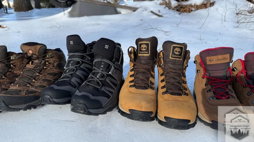 Front View Of the Mt Maddsen Salomon X Ultra 4 Mid GTX and Merrell Moab In the snow, illustrating options for hikers