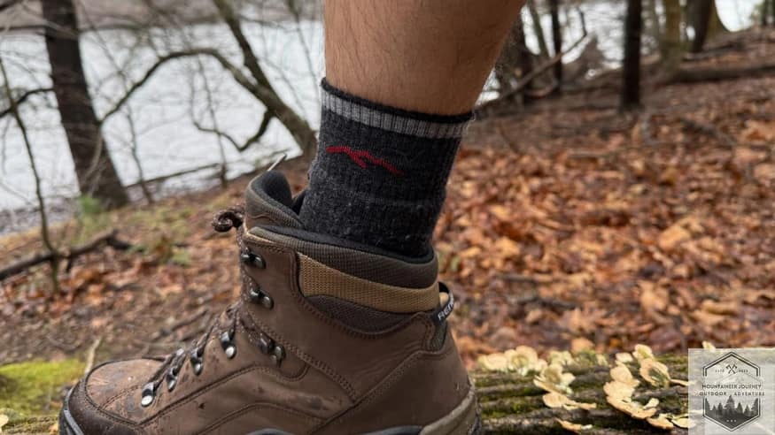 Wearing Darn Tough Hiker Full Cushion during rainy weather.