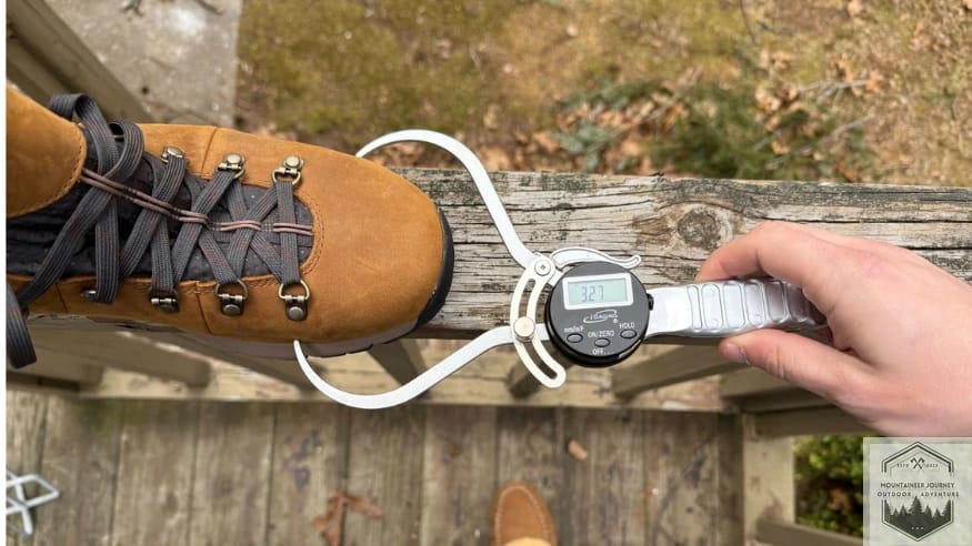 Measuring the toe box on the Danner Mountin 600 at 3.27 inches with a caliper