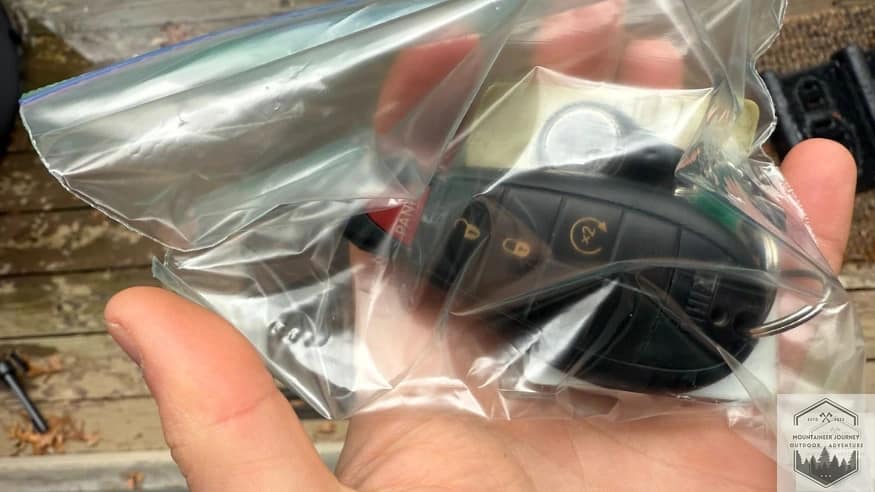 My keys in a ziplock bag while hiking to keep them dry