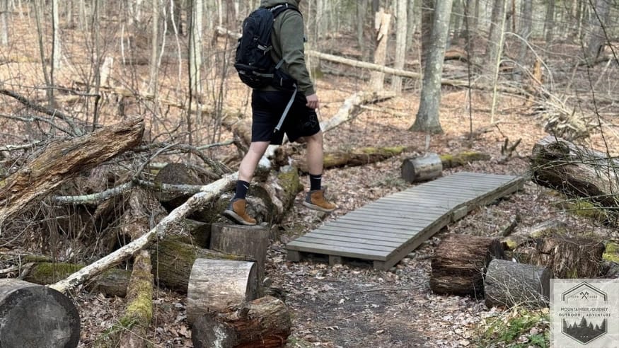 Testing The stability of the Danner 600 on a stump while moving onto a small bridge