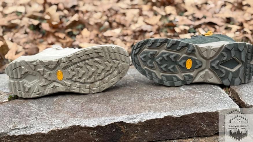 View of Kaha 3(left) vibram megagrip outsole next to the Kaha 2(Vibram megagrip outsole)