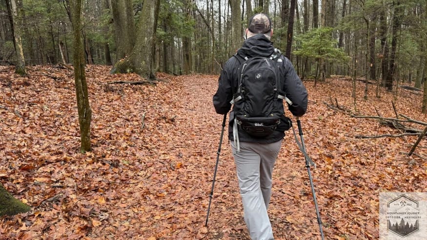 Using Trekking poles while traversing terrain in the woods