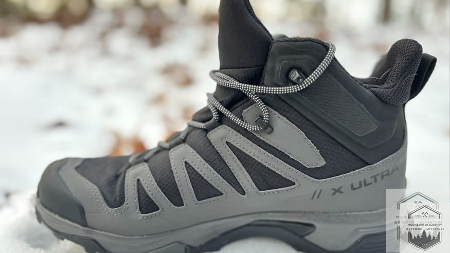 Side view of the X Ultra 4 in the snow. Enhanced breathability from synthetic makeup