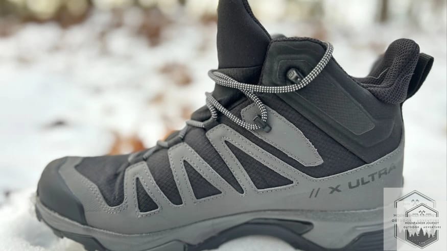Side View Of The Salomon X Ultra 4 GTX in the snow