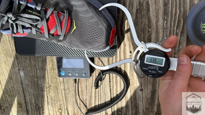 Measuring the toe box of the challenger at 3.35 inches with caliper