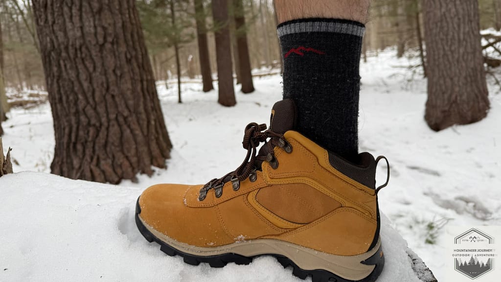 Timberland Mt Maddsen showing with Darn Tough Hiker Socks In snow