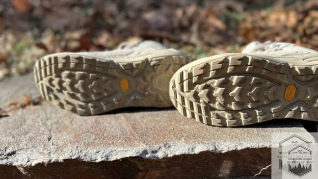 blog-img-1736370652786 View of the Vibram Megagrip lug pattern on the Hoka Kaha 3 outsole.