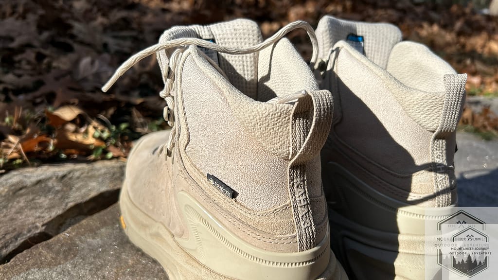 Close-up of the plush ankle collar padding on the Hoka Kaha 3 hiking boot.