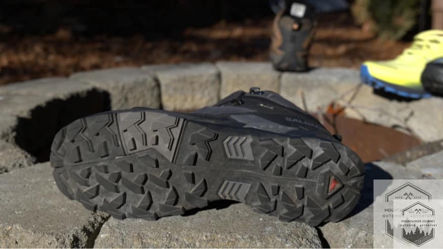 Close-up of the Salomon X Ultra 5 All Terrain Contagrip outsole after 120 miles of testing, showing mild wear on the hind lugs with the remaining traction pattern fully intact.