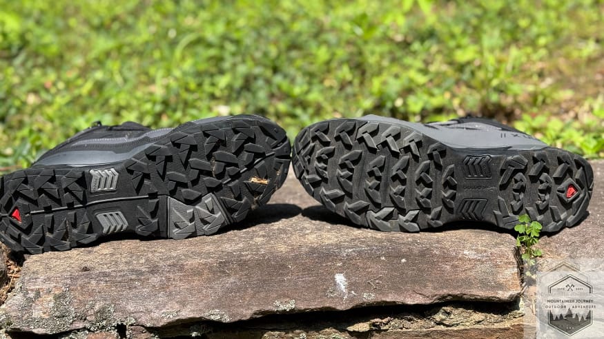 Outsole view of both boots, X Ultra 4 has more chevron shaped vs hexagonal shape of the X Ultra 5