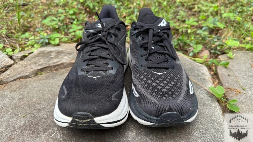 Hoka Clifton 9 toe box close-up showing engineered mesh upper and forefoot width