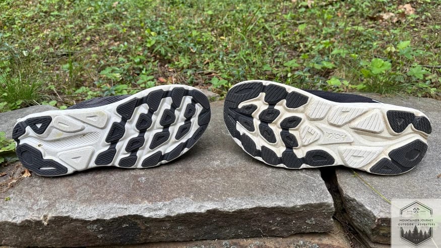 Hoka Clifton 10 vs Clifton 9 outsole comparison showing differences in lug pattern and increased rubber coverage