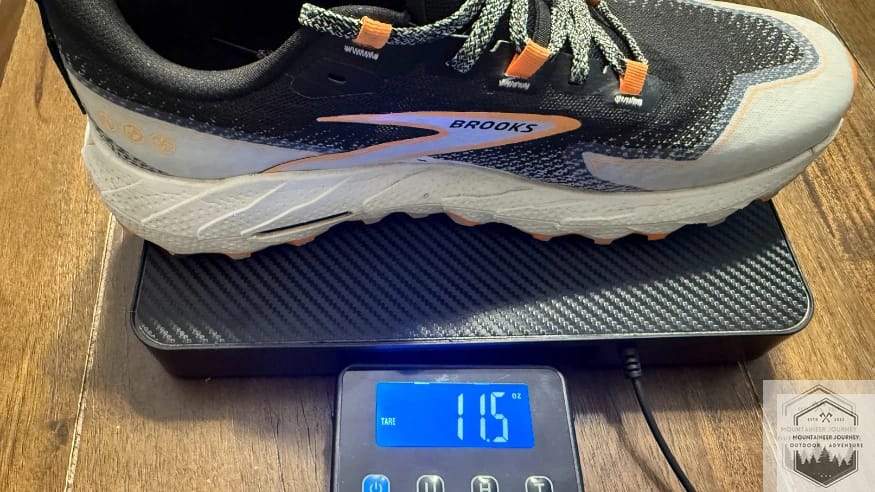 brooks Cascadia Men's 10.5 weighing 11.5 ounces on our scale per shoe