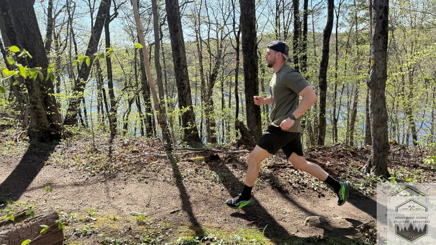 wearing sense ride 5 on both feet on wood-dense trail