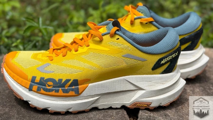 The Hoka Mafate X after 50 miles of trail testing, showing the 49mm supercritical foam stack height with no significant compression or structural breakdown.