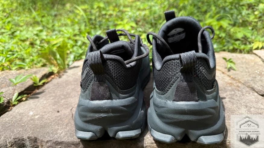 Heel side view of the Altra Olympus 6 after trail testing, showing no midsole compression or heel collar wear despite technical use.