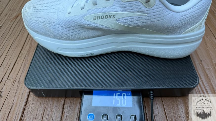 Brooks Ghost Max 2 on our scale weighing 15 ounces