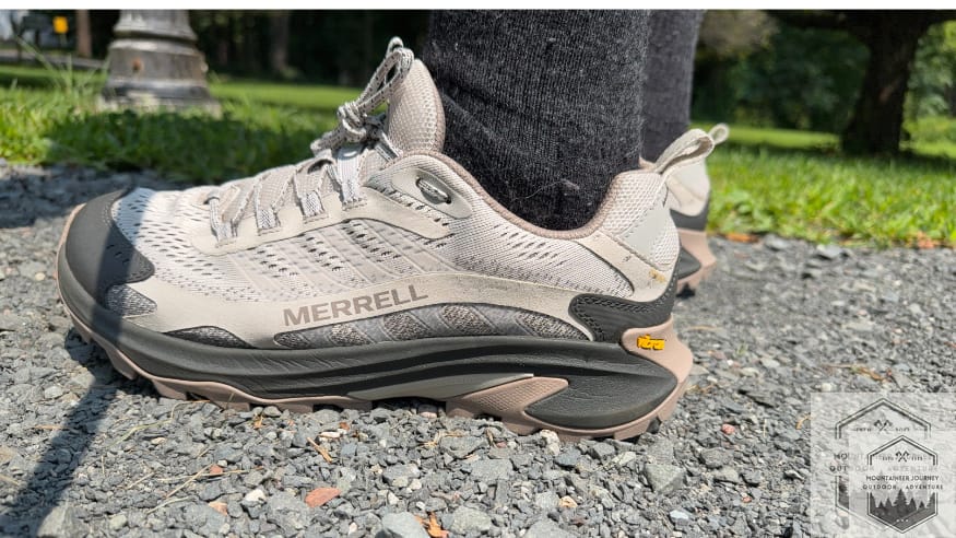 side view of the shoes on gravel trail, tongue wear after 50 miles