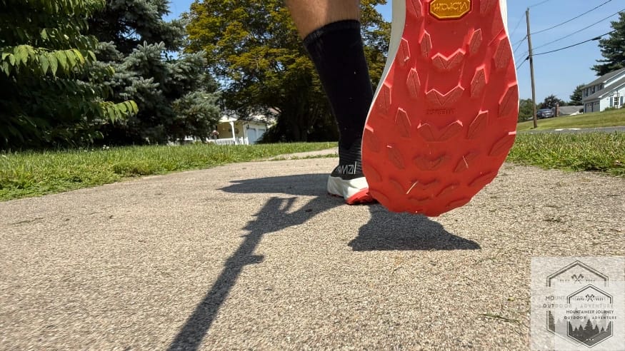 View of Vibram Litebase outsole on NNormal Kjerag 2 showing lug pattern.
